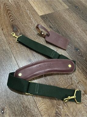 Orvis Dark Green bag Strap replacement w/ reddish Brown luggage tag 2 total